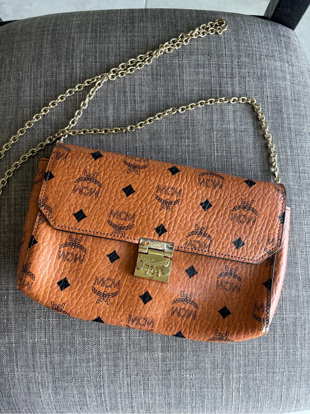 MCM Cognac Visetos Leather Shoulder Bag with Gold Chain